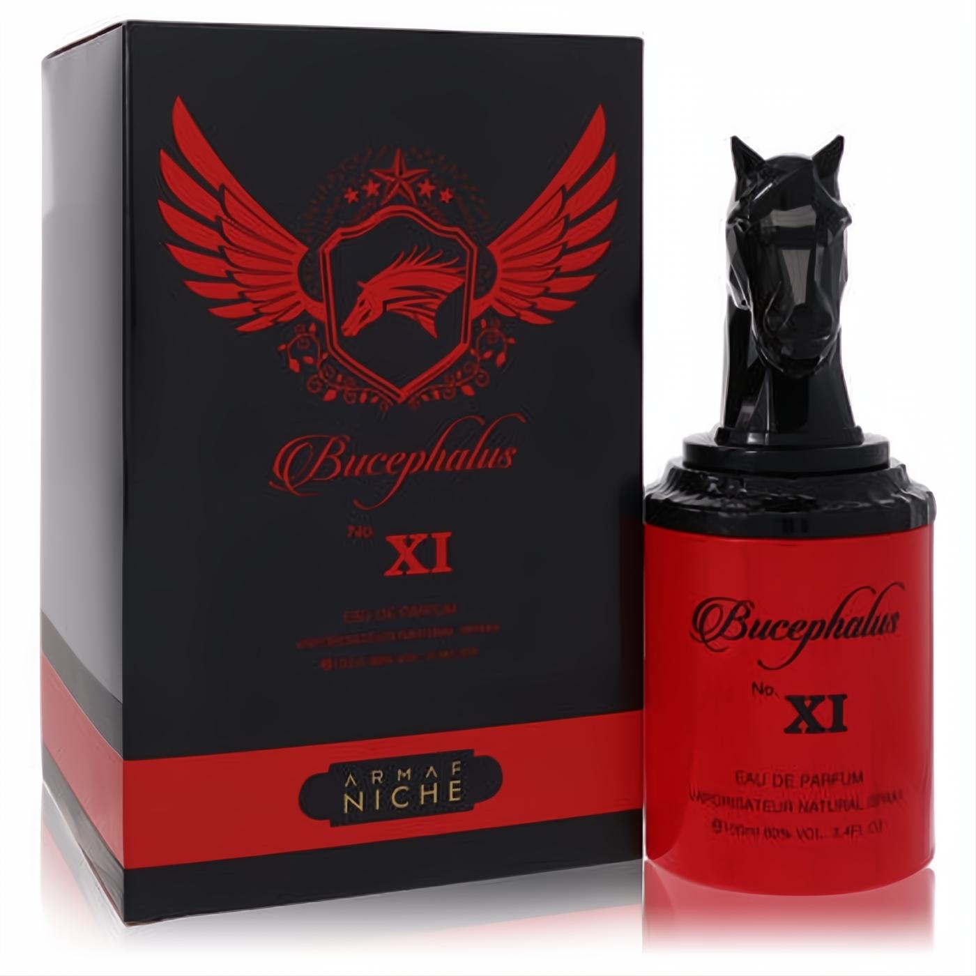 Armaf Bucephalus XI 3.4 oz men's fragrance. Bold red & black bottle with a unique horse head cap and matching premium winged logo box.