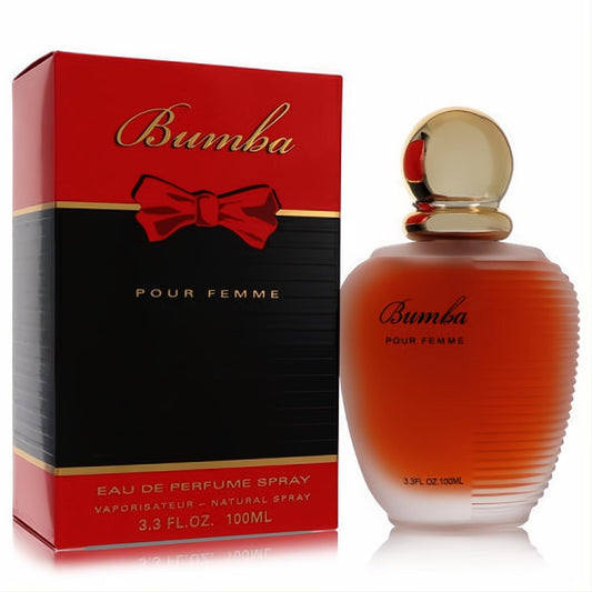 Luxurious Bumba Pour Femme 3.3 oz perfume spray in a frosted reddish-orange bottle with a chic gold cap, beside its elegant red and black bow box.