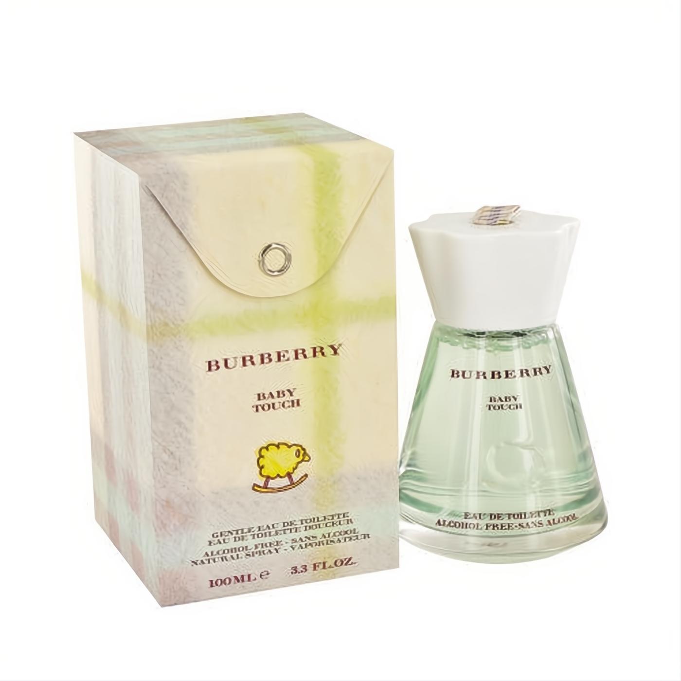Burberry Baby Touch 3.3 oz alcohol-free EDT. Clear bottle with gentle green liquid, white cap, and a pastel plaid box with rocking lamb.