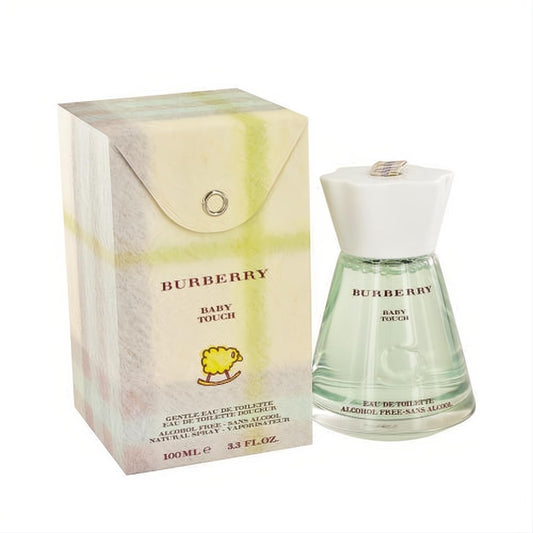 Burberry Baby Touch 3.3 oz alcohol-free EDT. Clear bottle with gentle green liquid, white cap, and a pastel plaid box with rocking lamb.