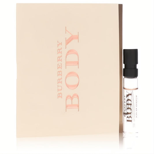 Burberry Body EDP .06 oz sample vial, clear glass with black cap, beside an elegant beige card with embossed logo.