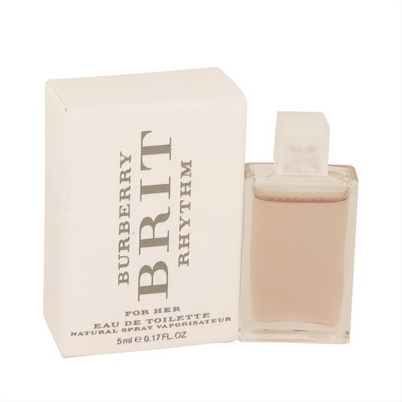 Burberry Brit Rhythm .17 oz mini EDT for women. Clear glass bottle with light pink fragrance, packaged in a sleek white box.
