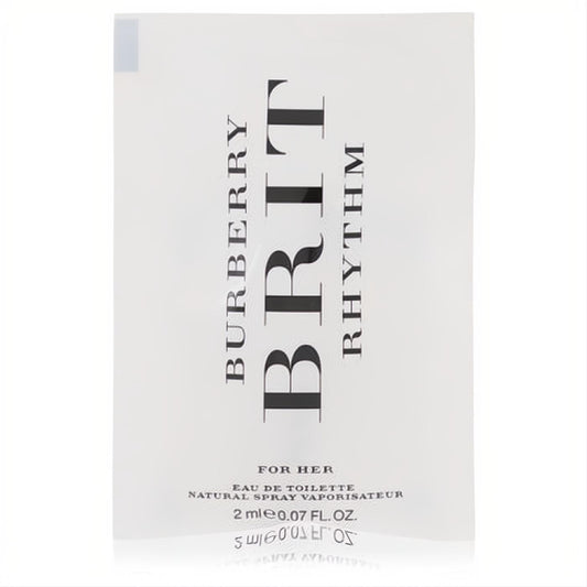 Discover Burberry Brit Rhythm with this crisp white 0.07 oz Eau de Toilette sample sachet, featuring bold black branding.