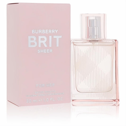 Burberry Brit Sheer 1 oz EDT for women. Elegant pink box and clear, vertically striped glass bottle.
