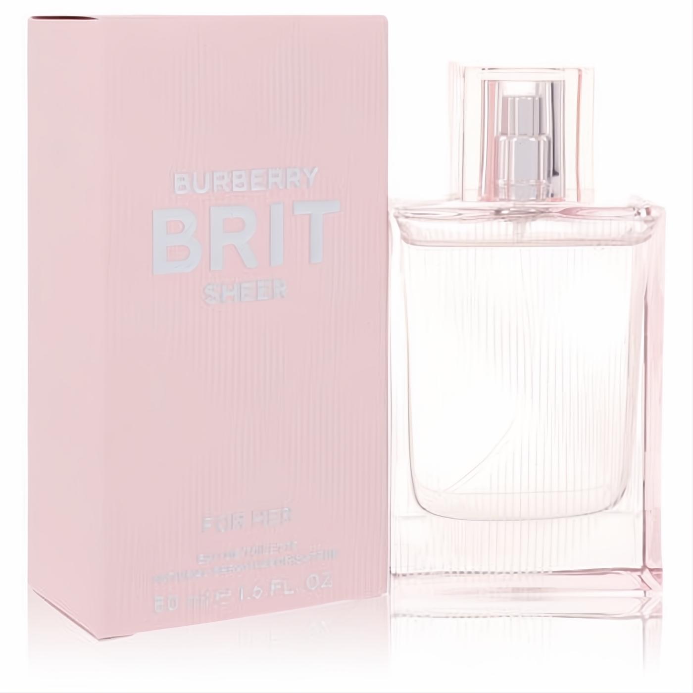 Burberry Brit Sheer Eau De Toilette 1.6 fl oz spray for women. Features a sleek clear bottle and elegant pink box.