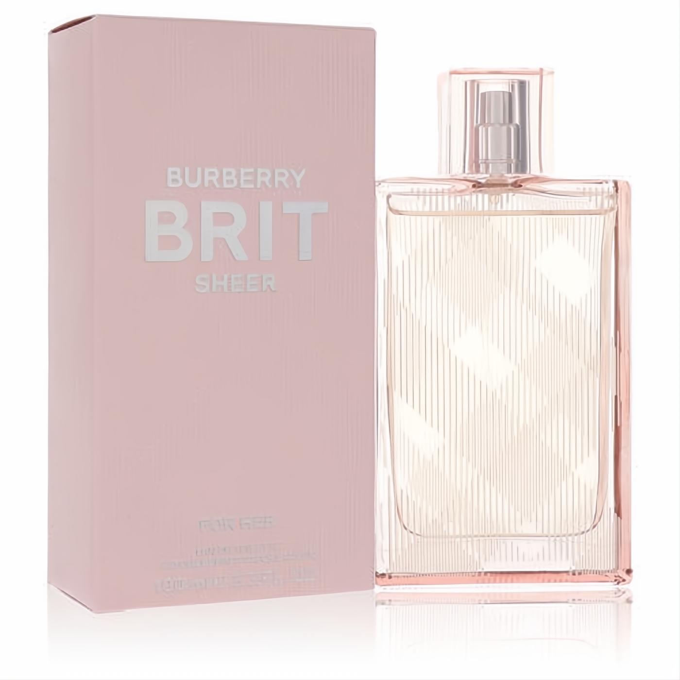 Burberry Brit Sheer 3.4 oz EDT: elegant pink glass bottle with signature plaid etching and silver spray, beside its matching box.