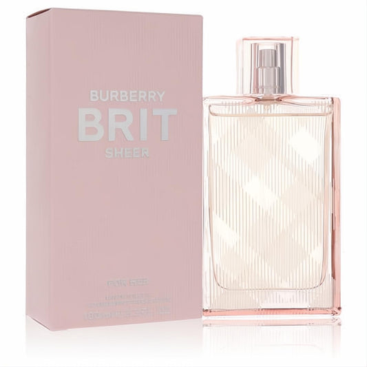 Burberry Brit Sheer 3.4 oz EDT: elegant pink glass bottle with signature plaid etching and silver spray, beside its matching box.