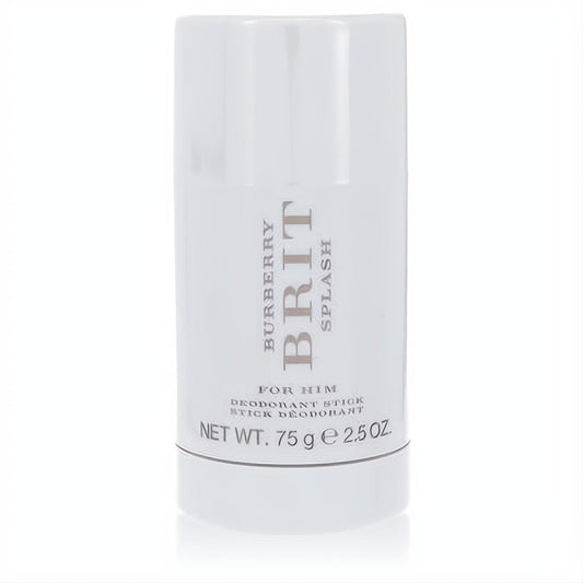 Modern white Burberry Brit Splash men's deodorant stick, 2.5 oz, with sleek silver branding for an invigorating fragrance.