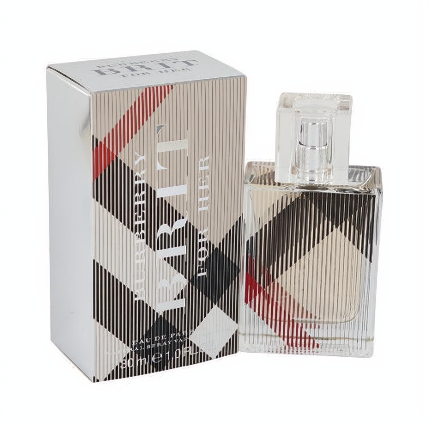 Elegant Burberry Brit 1 oz Eau de Parfum spray. Clear bottle and chic silver box showcase the iconic plaid design for her.