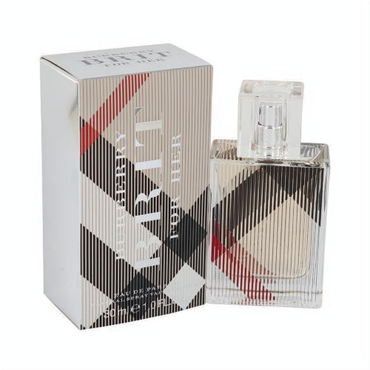 Elegant Burberry Brit 1 oz Eau de Parfum spray. Clear bottle and chic silver box showcase the iconic plaid design for her.