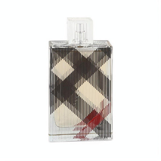 Experience Burberry Brit 3.4 oz EDP tester. Clear ribbed glass bottle with iconic black, white, and red plaid design.