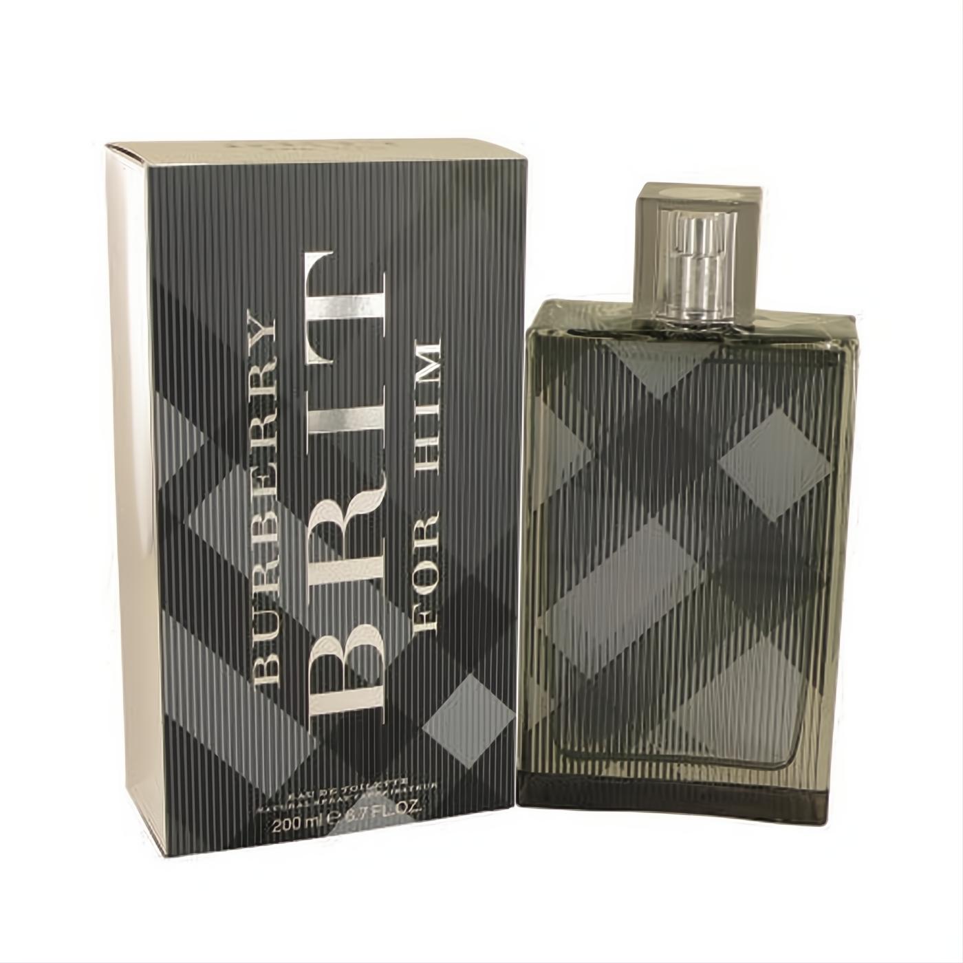 Burberry Brit for Him 6.7 oz Eau De Toilette. Elegant clear glass bottle and matching box with signature dark grey plaid.