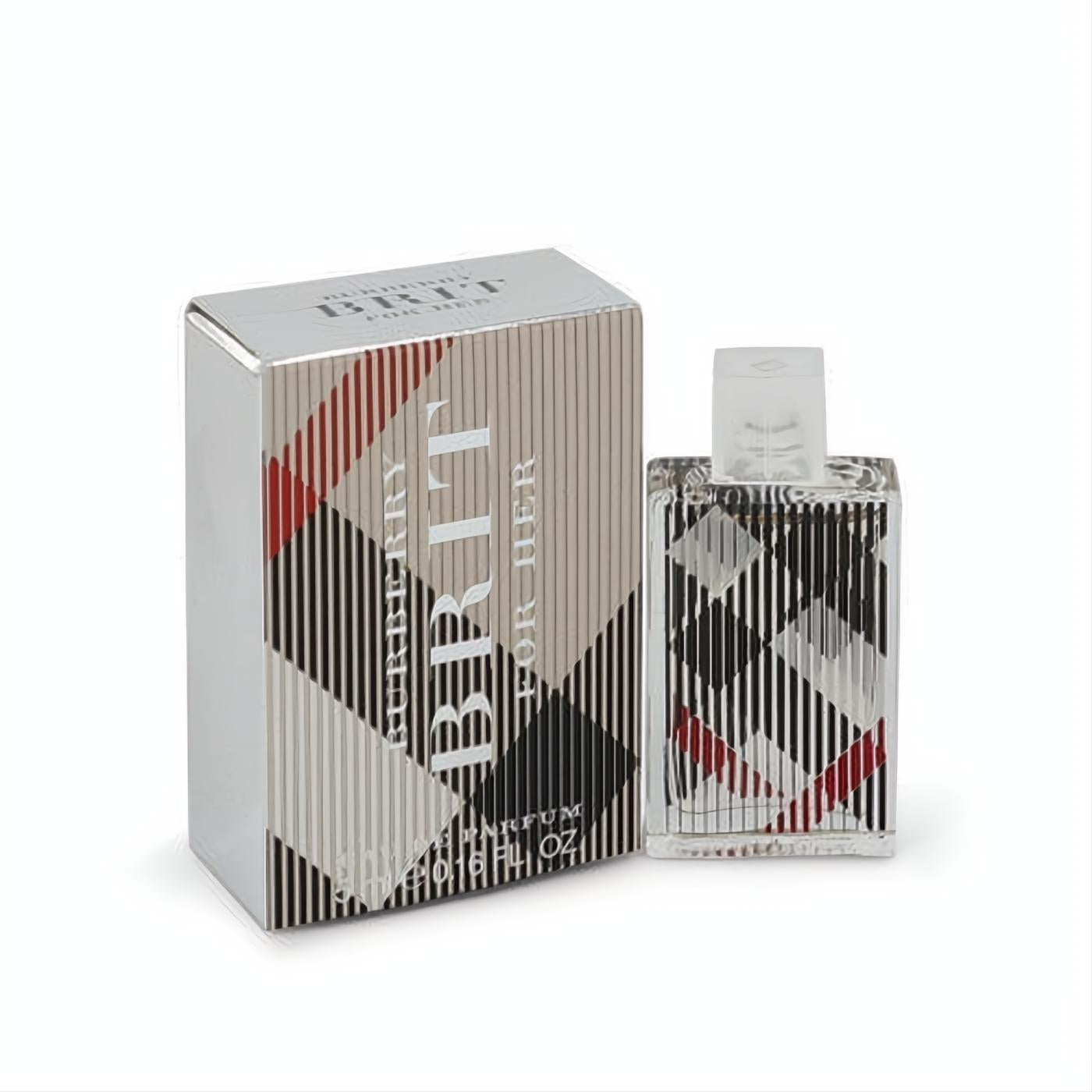Burberry Brit .16 oz mini EDP bottle and box, adorned with the signature red, black, and beige plaid.