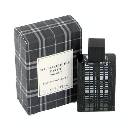 Sophisticated Burberry Brit for Men 0.16 oz mini EDT in a dark plaid bottle with matching iconic check box.