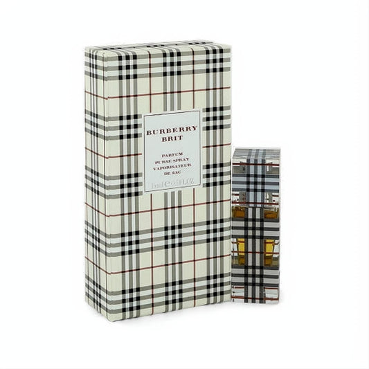 Experience Burberry Brit .5 oz pure perfume spray. Iconic beige plaid box and sleek travel bottle for luxury on-the-go.