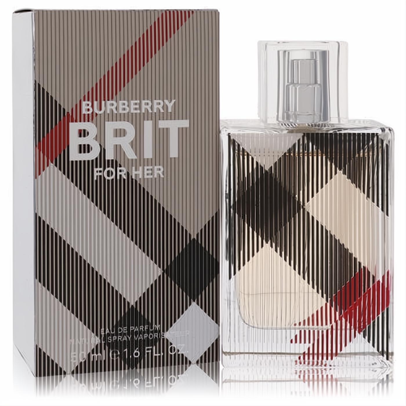 Burberry Brit For Her Eau de Parfum, 1.6 fl oz, in a stylish clear glass bottle with signature plaid design and matching box.