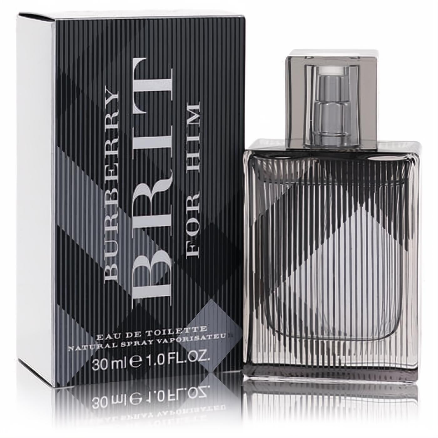 Elevate your style with Burberry Brit For Him 1 oz EDT. Sleek ridged glass bottle, silver cap, iconic plaid box.
