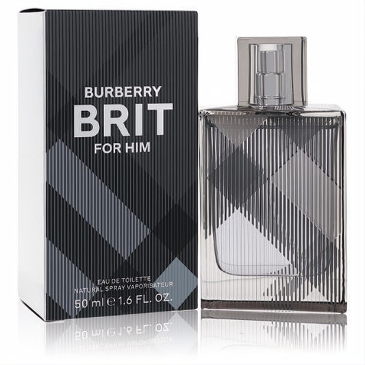 Burberry Brit for Him 1.6 oz EDT. Sleek clear glass bottle showcases iconic gray and black plaid, paired with matching box.