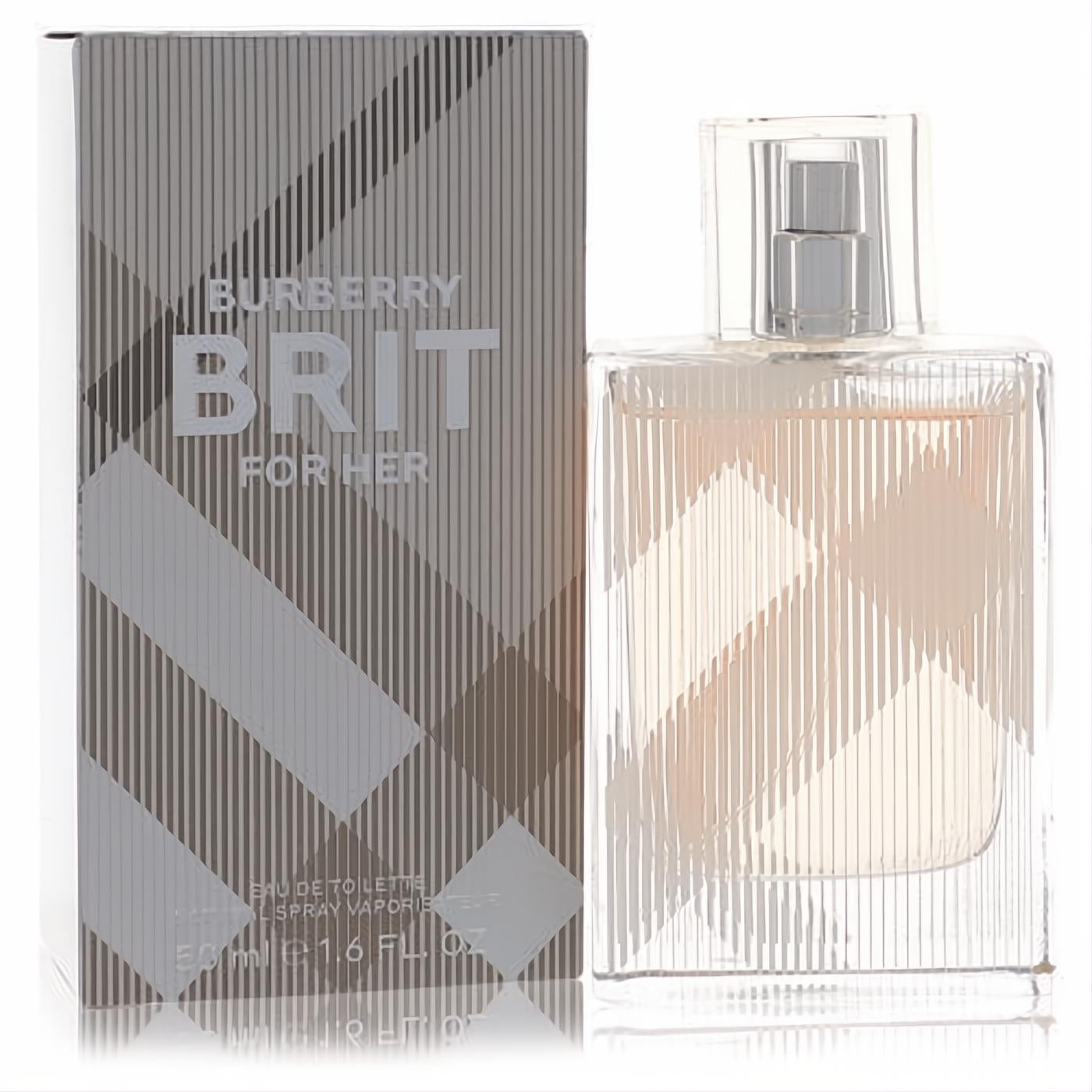 Burberry Brit for Her Eau de Toilette 1.6 fl oz. Clear glass bottle with light pink fragrance, iconic plaid design, and matching silver box.