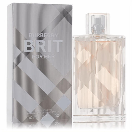 Burberry Brit for Women 3.4 oz EDT. Clear glass bottle with light peach liquid, iconic plaid pattern, and sleek silver box.