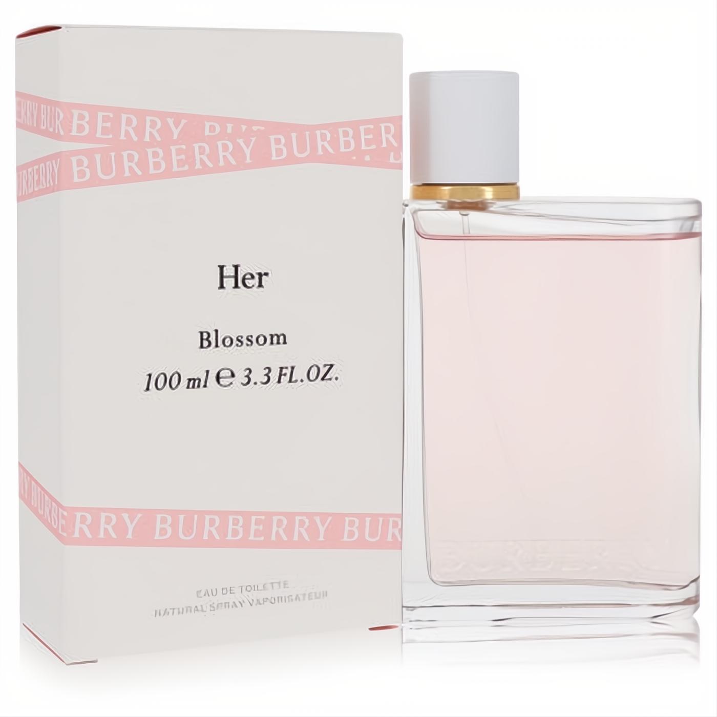 Elegant Burberry Her Blossom 3.3 oz EDT spray, featuring a clear glass bottle with light pink fragrance and its iconic white box.