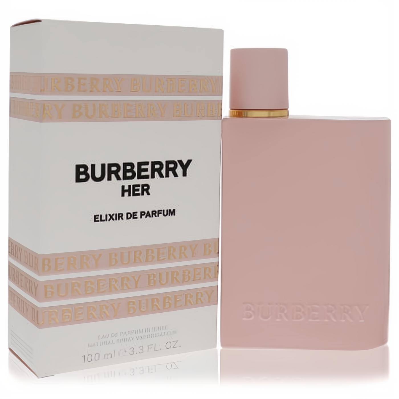 Luxurious Burberry Her Elixir Eau de Parfum Intense 3.4 oz. Features a chic pink bottle with gold accents and its signature striped box.