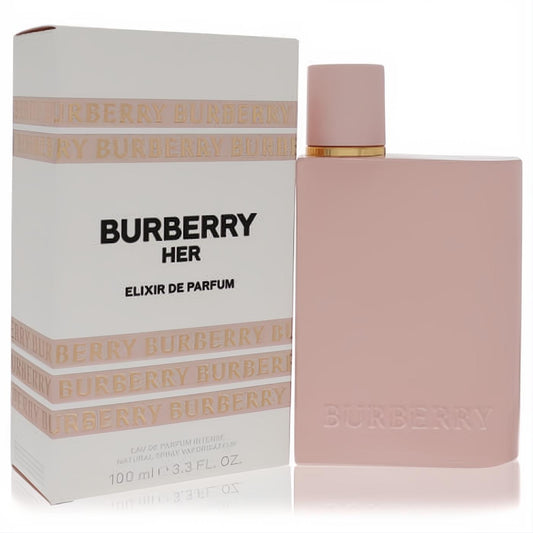 Luxurious Burberry Her Elixir Eau de Parfum Intense 3.4 oz. Features a chic pink bottle with gold accents and its signature striped box.