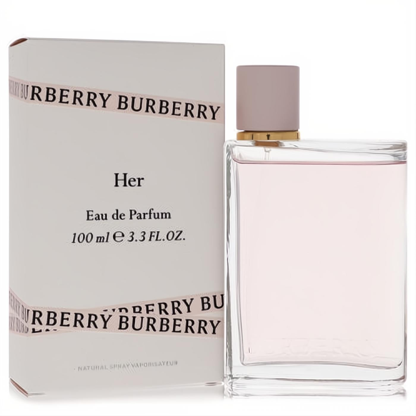 Burberry Her Eau de Parfum 3.3 oz spray. Elegant clear glass bottle showcases pale pink fragrance, nude cap, and white Burberry box.