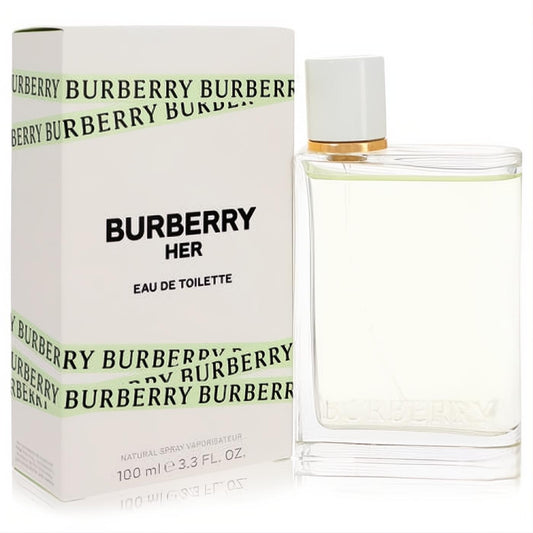 Burberry Her Eau de Toilette 3.4 oz spray. Chic clear glass bottle with light green liquid, white cap, gold accent, and branded box.