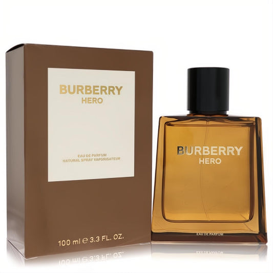 Discover Burberry Hero men's 3.3 oz Eau de Parfum. Features a sleek amber glass bottle with black cap and elegant brown branded box.