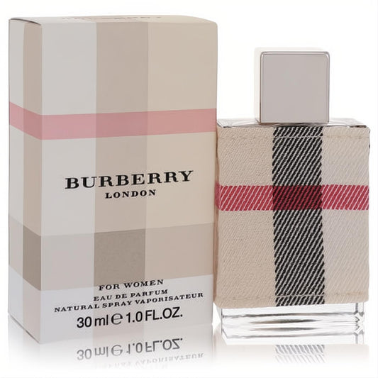 Luxurious Burberry London 1 oz EDP for women. Bottle in signature beige, red, black plaid fabric, with elegant matching box.