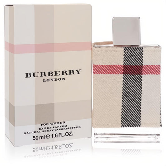 Burberry London Eau de Parfum, 1.6 oz. Iconic beige plaid bottle with silver cap and elegant matching box.