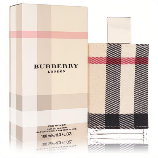 Burberry London 3.3 oz Eau De Parfum for women. Iconic plaid fabric bottle with silver cap, displayed next to its elegant matching box.