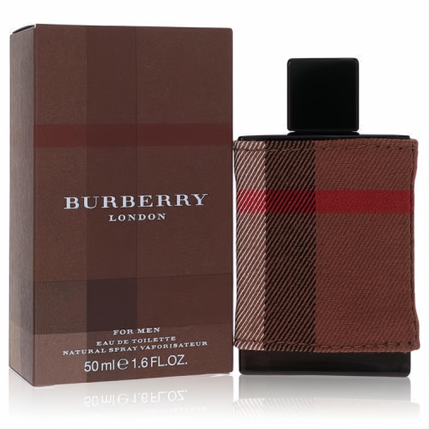 Burberry London for Men 50ml EDT. Distinctive brown plaid box and bottle with signature fabric cover and red stripe.