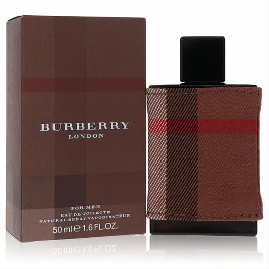 Burberry London for Men 50ml EDT. Distinctive brown plaid box and bottle with signature fabric cover and red stripe.