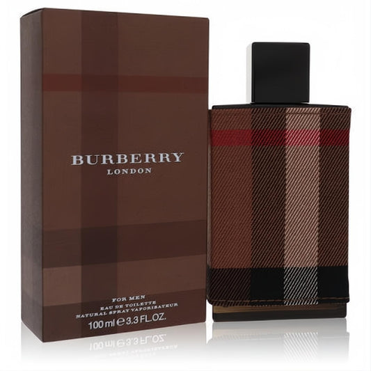 Burberry London for Men 3.3 oz Eau De Toilette spray. Iconic brown plaid bottle with black cap and matching elegant box.