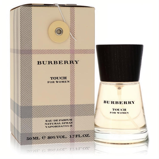 Burberry Touch for Women 1.7 oz EDP. Elegant clear glass bottle with dark wood-grain cap and signature plaid box.