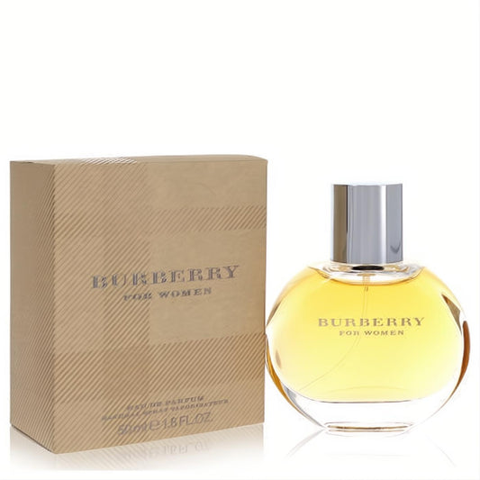 Experience Burberry for Women 1.7 oz EDP spray. Elegant rounded glass bottle with amber fragrance and silver cap, beside its iconic beige box.