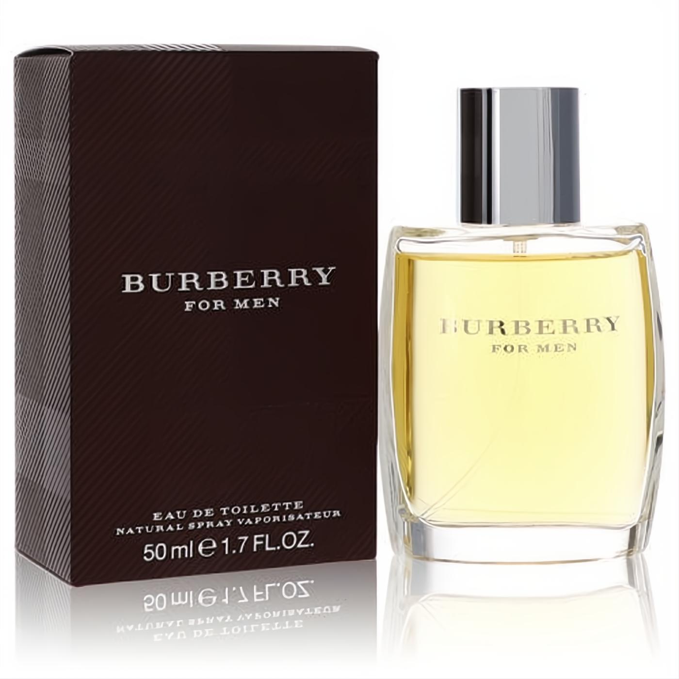 Sophisticated Burberry for Men 1.7 oz EDT in a clear glass bottle with silver cap, next to its dark brown striped box.