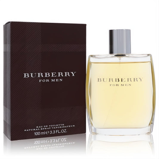 Sophisticated Burberry for Men EDT 3.4 oz spray. Clear glass bottle with golden liquid, silver cap, and dark brown plaid box.
