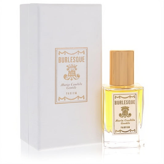 Elegant Burlesque pure perfume by Maria Candida Gentile. Clear glass bottle, gold cap, and luxurious white box.