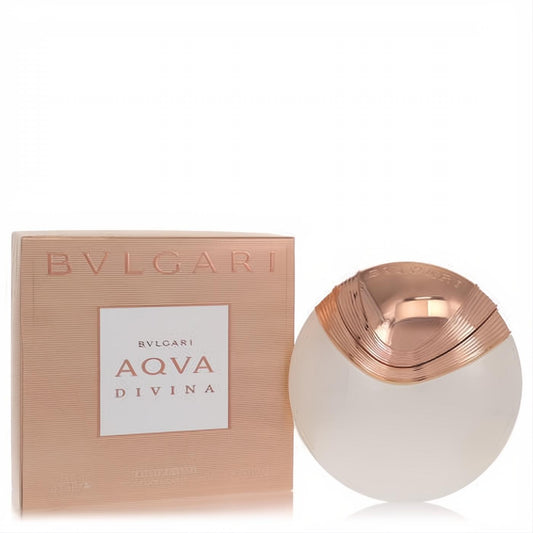 Bvlgari Aqua Divina 2.2 oz EDT spray. Frosted spherical bottle with a gorgeous rose gold shell cap and elegant ribbed peach box.