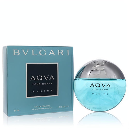 Bvlgari Aqva Marine 1.7 oz EDT for men. Vibrant blue box and distinctive round glass bottle with a sleek silver cap.