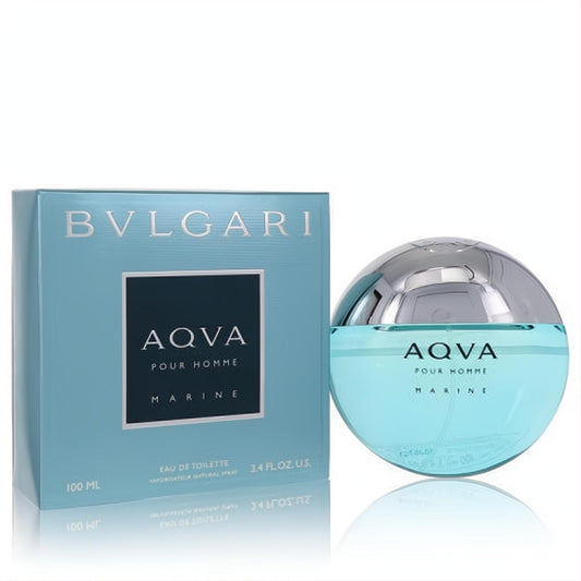 Bvlgari Aqva Marine men's 3.4 oz EDT. Distinctive aqua blue bottle with silver cap, displayed next to its elegant matching box.