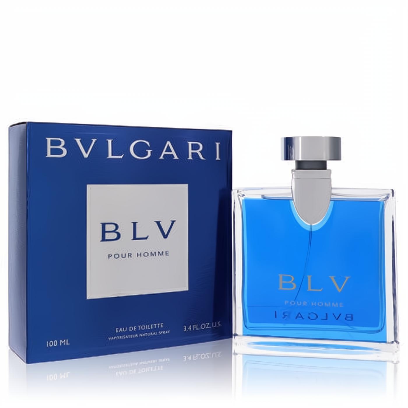 Bvlgari BLV Pour Homme 3.4 oz men's Eau De Toilette. Modern clear bottle with vibrant blue liquid, sleek silver cap, and deep blue box.