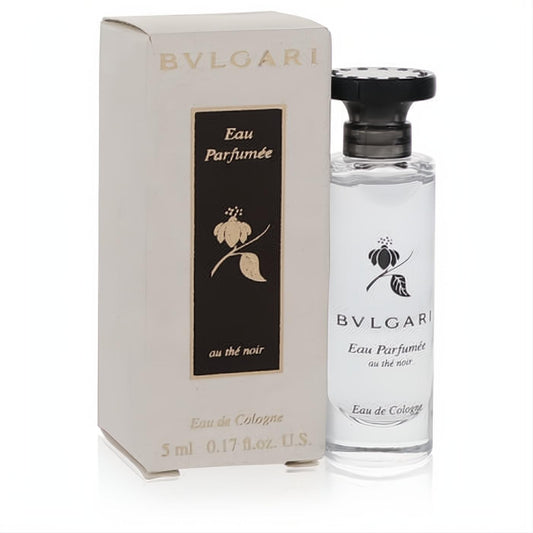 Bvlgari Eau Parfumee Au The Noir 0.17 oz mini cologne, clear glass bottle with black cap, and elegant beige box featuring a floral design.