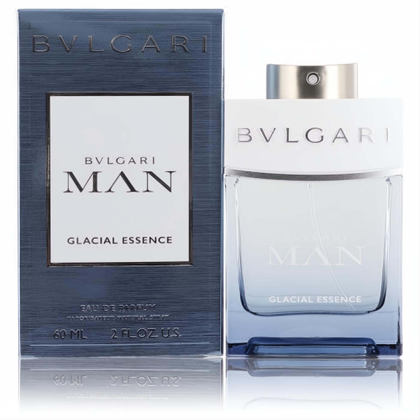 Bvlgari Man Glacial Essence 2 oz EDP. Sleek icy blue glass bottle with silver cap, presented with its textured glacial box.