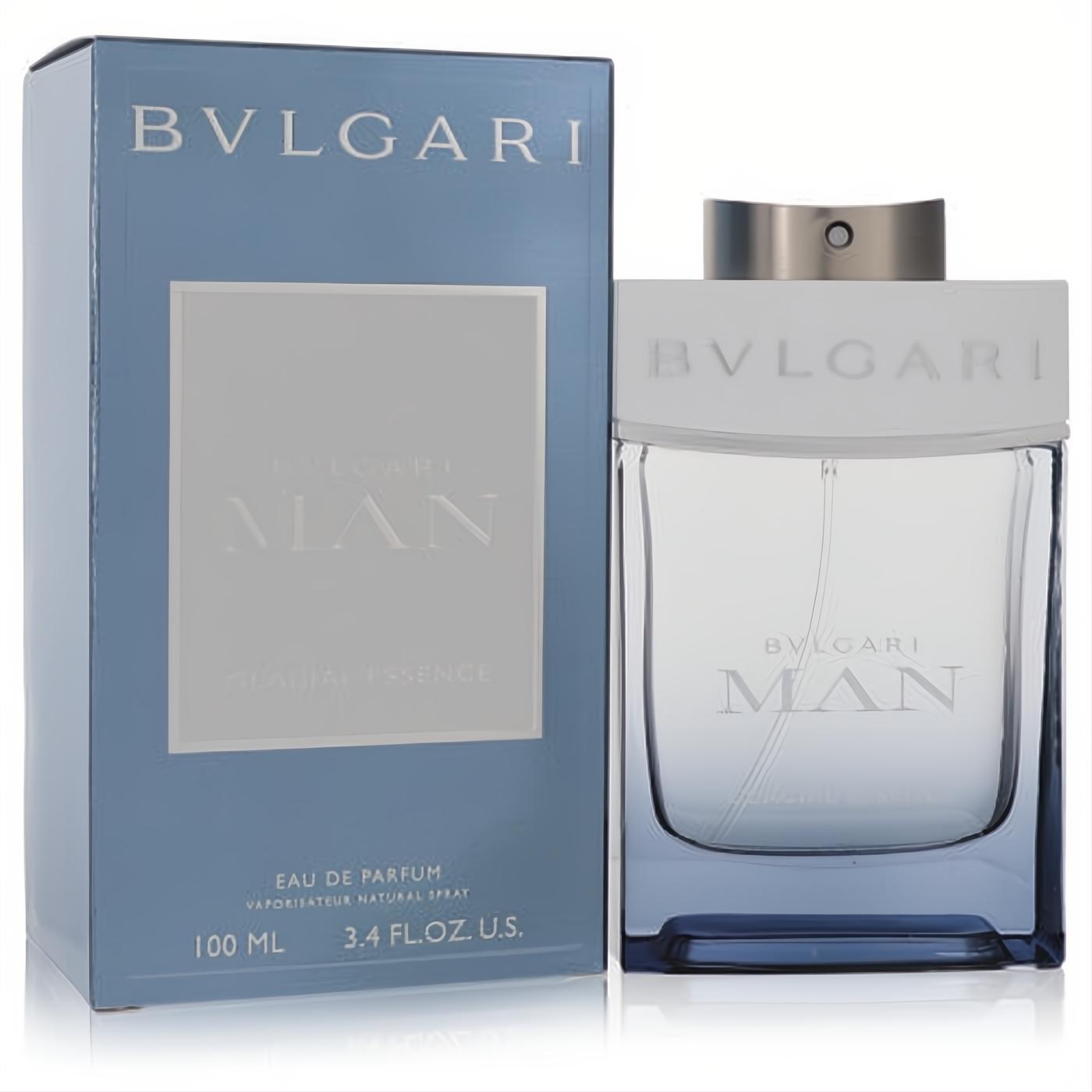 Bvlgari Man Glacial Essence 3.4 oz Eau De Parfum. Sleek blue glass bottle with silver cap and matching box.
