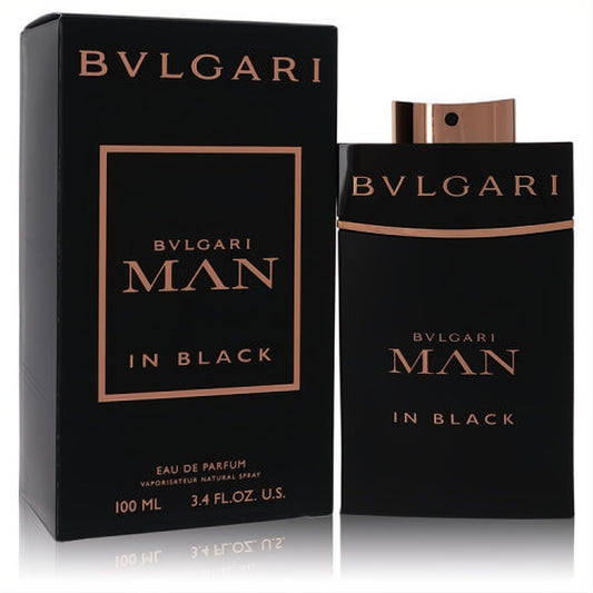 Elevate your style with Bvlgari Man In Black 3.4 oz EDP. Sleek black bottle with rose gold accents and matching box.