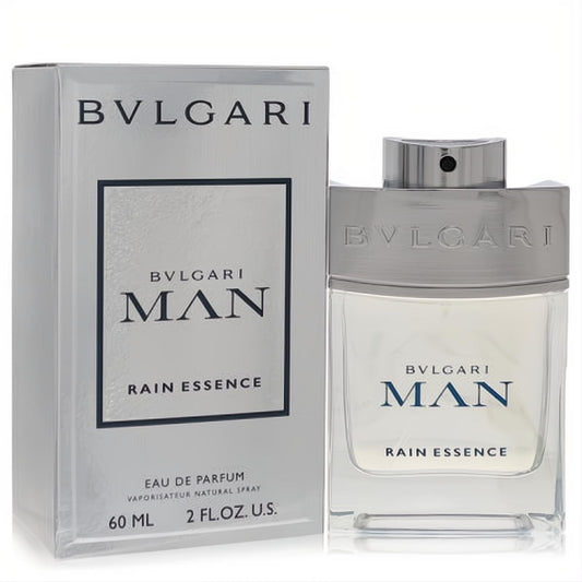 Elevate your scent with Bvlgari Man Rain Essence 2 oz EDP. Sleek clear glass bottle, silver cap, and elegant branded box.